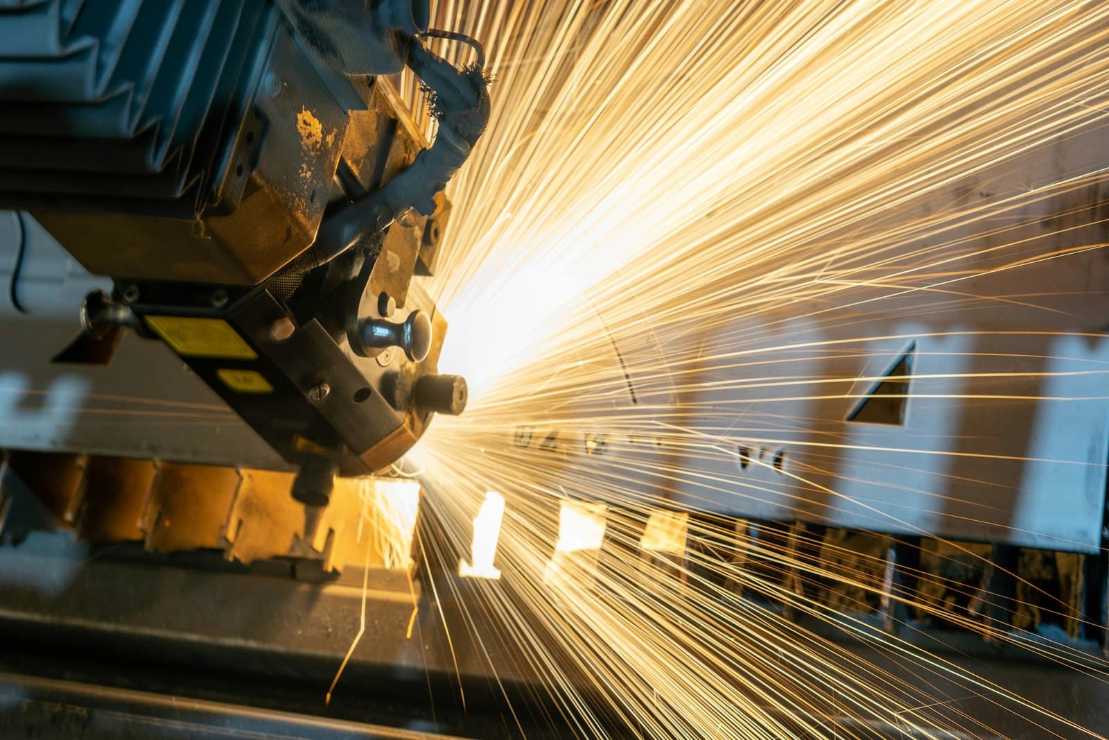Sparks from precision metal cutting