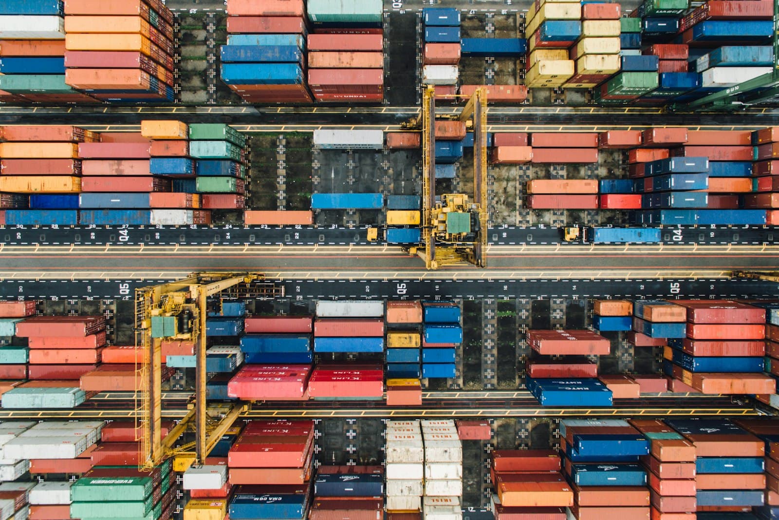 Aerial view of stacked shipping containers