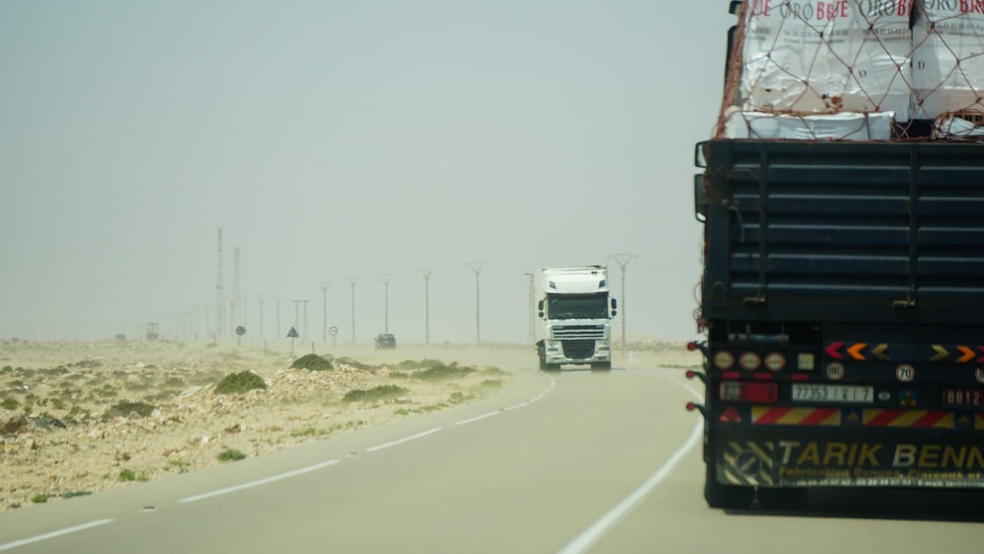 Trucks on a desert road